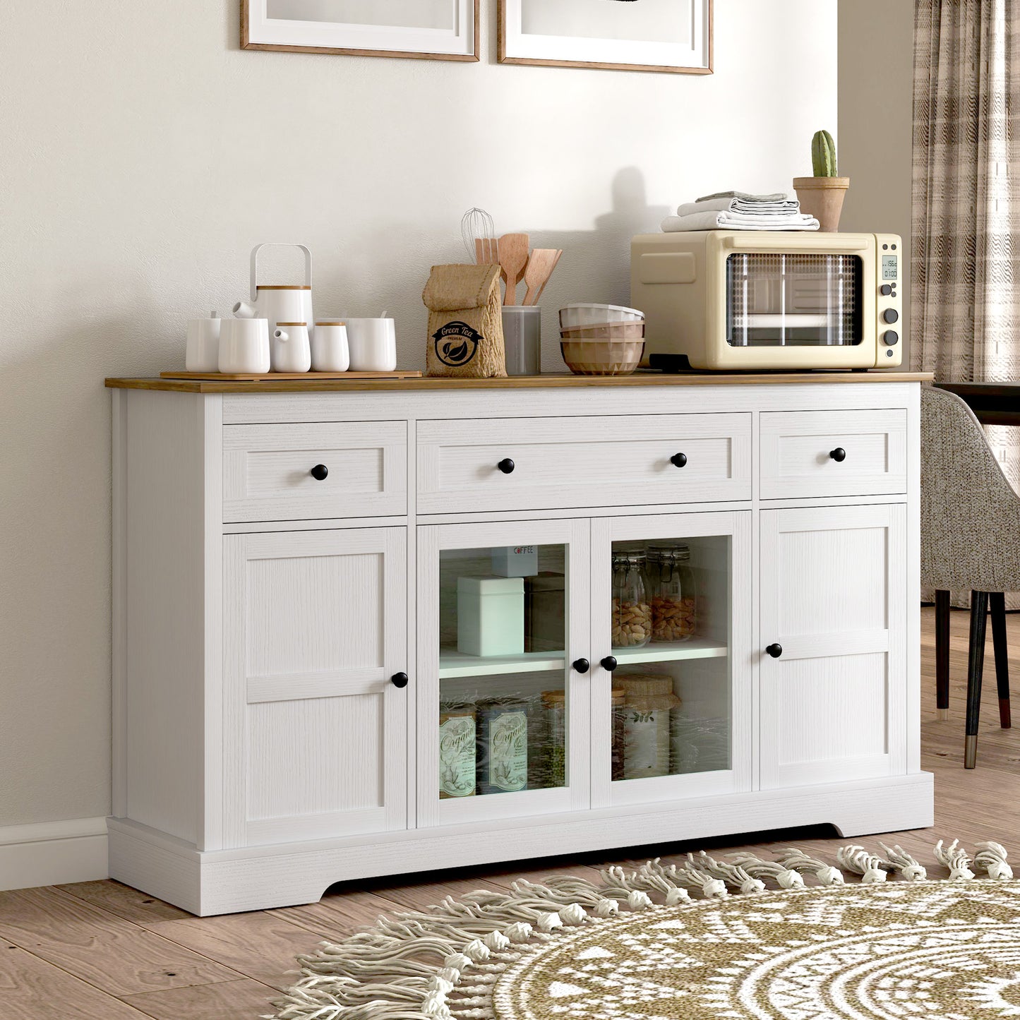 Sideboard Buffet Cabinet with Storage, Coffee Bar Cabinet with Glass Doors and Adjustable Shelves, Distressed White