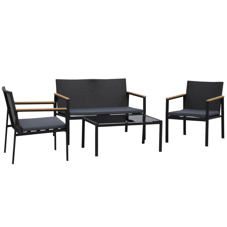 Black 4-Piece Wicker Conversation Set with Glass Table
