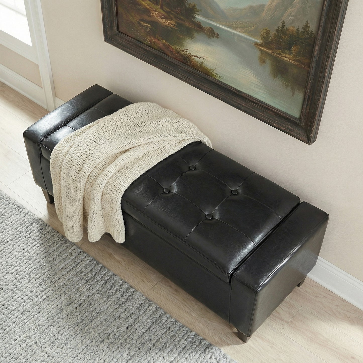 Storage Ottoman Bench, PU Leather Upholstered Bench with Tufted Design, Black