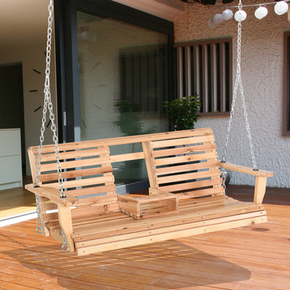 3 Seater Patio Swing Chair Wood Porch Swing with Foldable Table, Cup Holders, Steel Chains for Garden, Yard, Natural - Natural