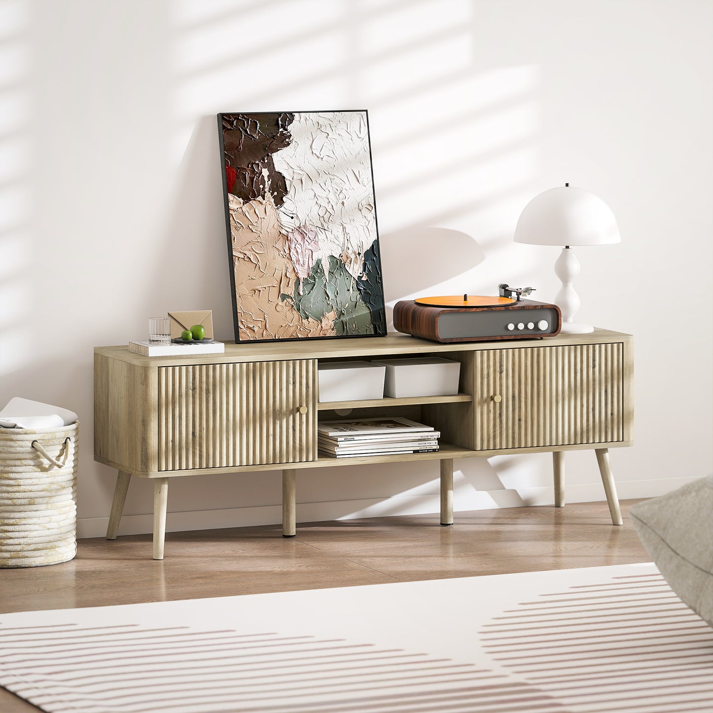 TV Stand for 65 Inch Television, Entertainment Center with Adjustable Shelves and Pine Wood Legs for Living Room, Oak
