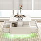 Coffee Table with RGB LED Lights, Modern Living Room Table with 4 Drawers, Open Shelf, Remote Control, High Gloss White