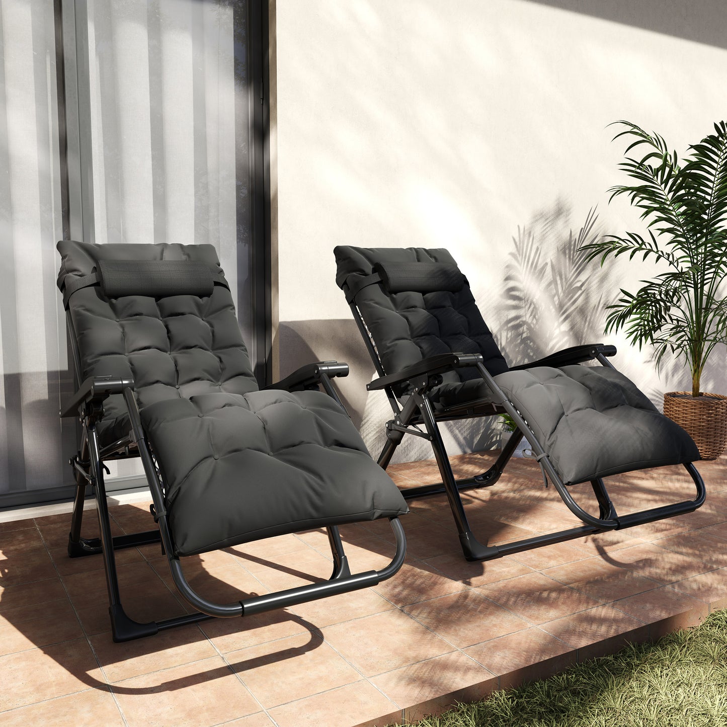 Folding Garden Chairs Set of 2, Reclining Zero Gravity Chair, Sun Lounger with Cushion and Headrest, Khaki