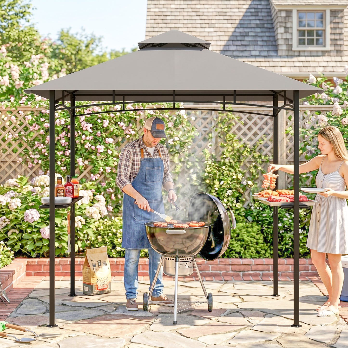 8' x 5' BBQ Grill Gazebo Tent with Double Tiered Canopy for Outdoor Sun Shade, Grey