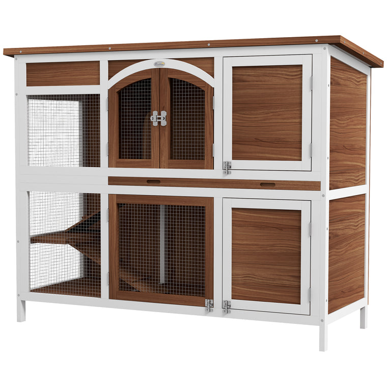 Two-Tier Wooden Rabbit Hutch with Openable Roof & Tray
