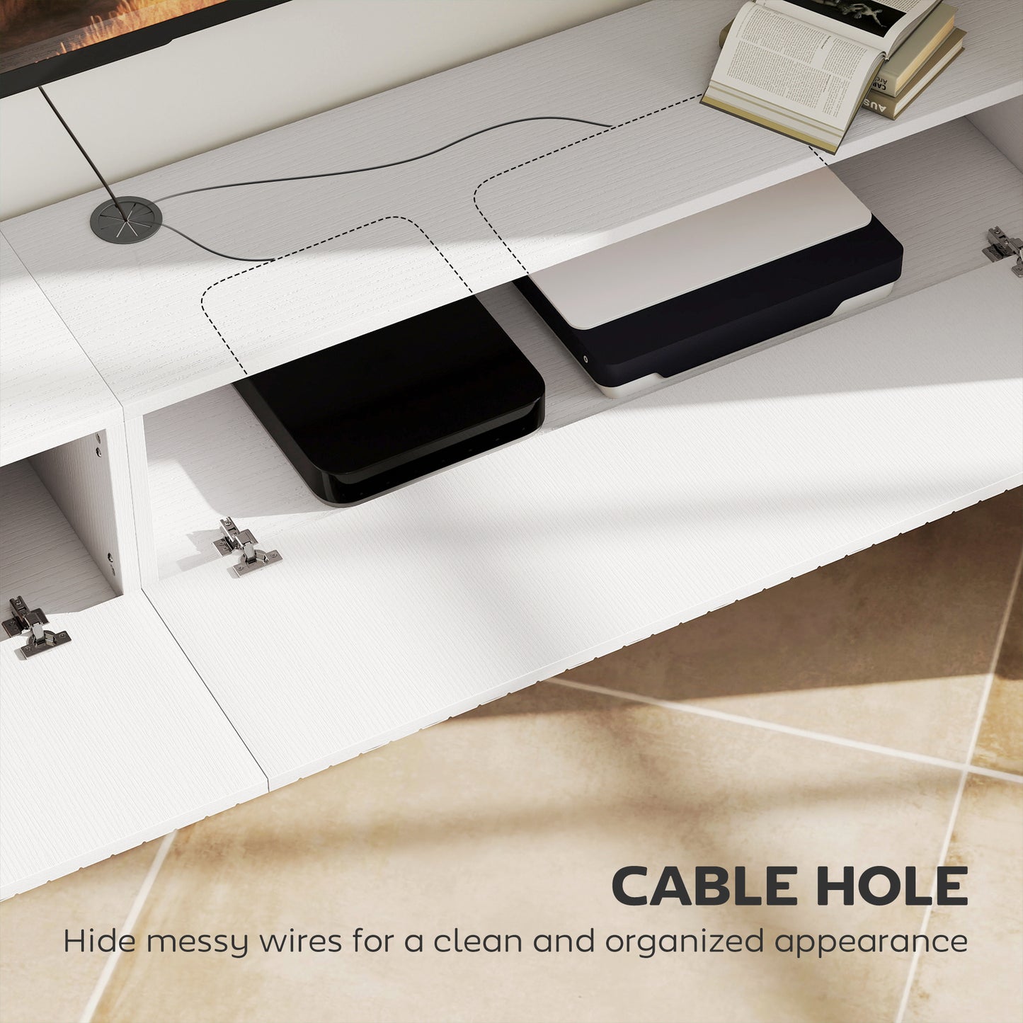 71" Floating TV Stand for TVs up to 72 Inch, Wall Mount Media Console with 2 Fluted Flip-Down Doors, Cable Hole, White