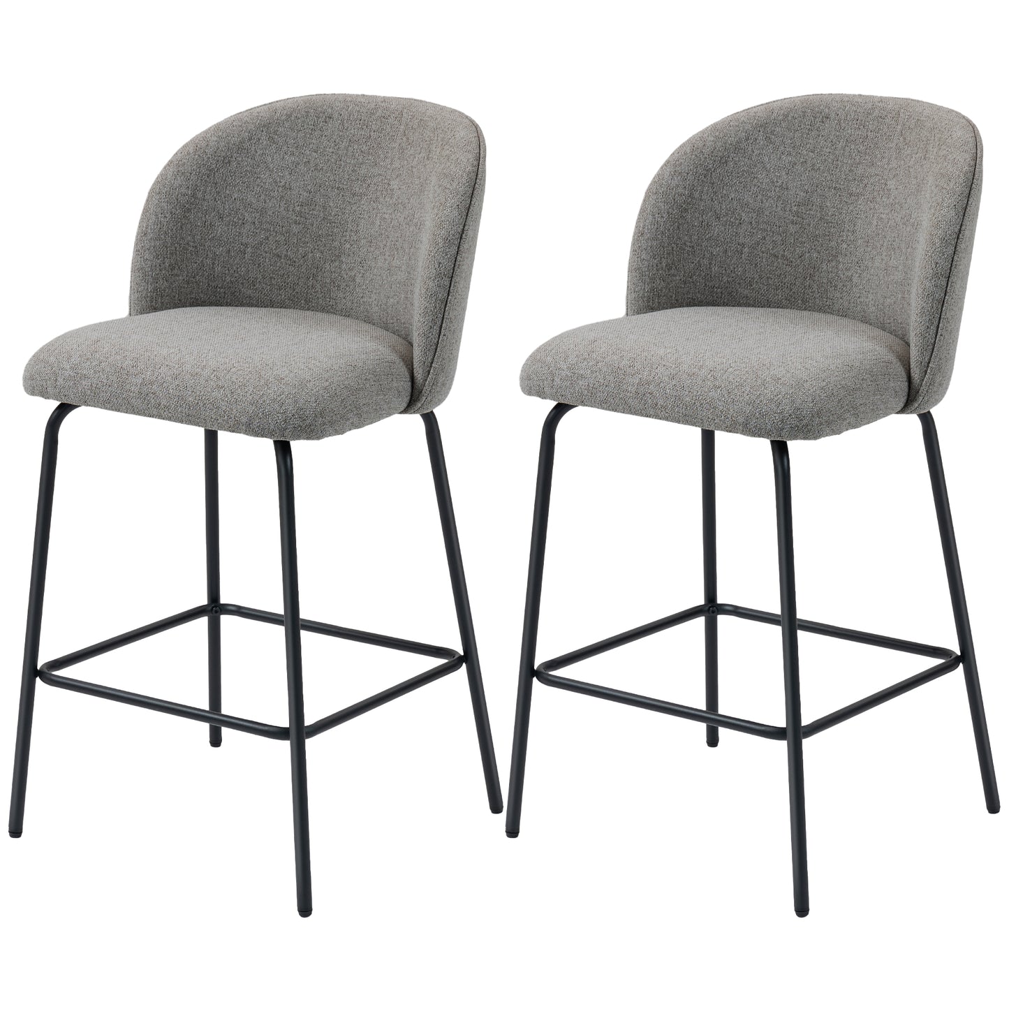Set of 2 Counter Height Barstools, Upholstered Linen Bar Stools with Backrest, Footrest and Steel Legs, Dark Grey