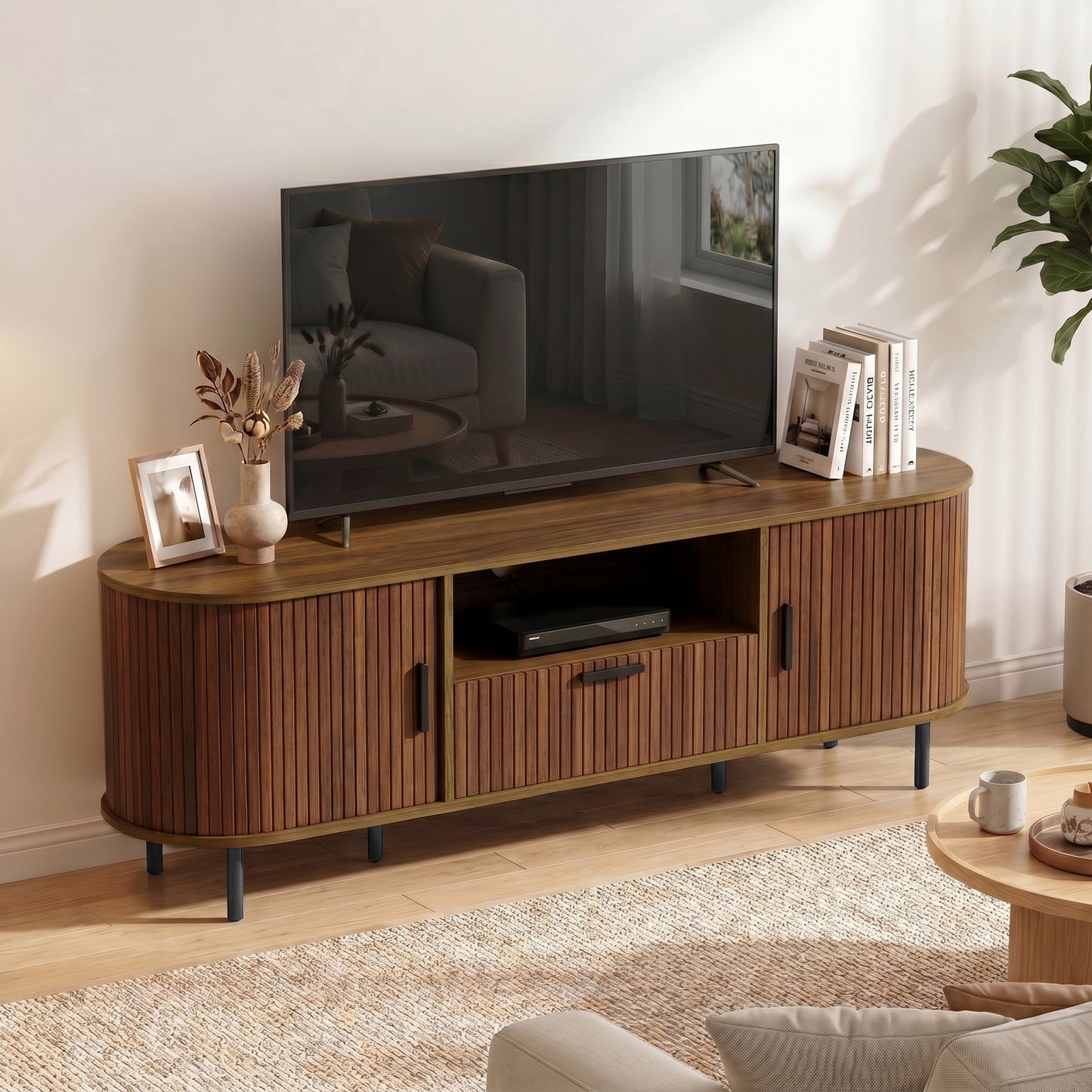TV Stand for TVs up to 60", Modern Entertainment Center with Curved Sliding Doors and Storage, Brown