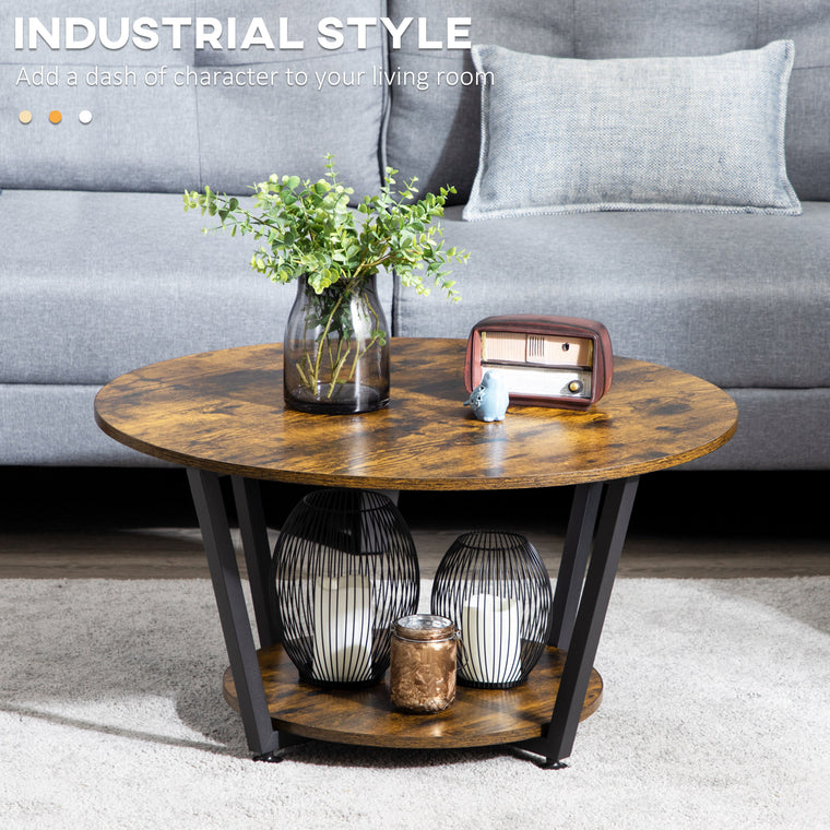 2-Tier Round Coffee Table with Storage - Rustic Brown