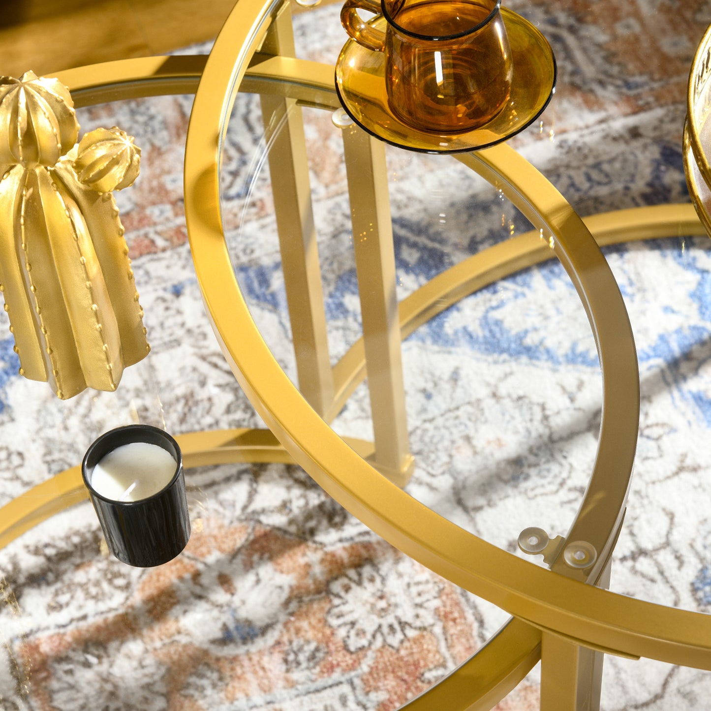Round Coffee Table Set of 2, Modern Nesting Tables with Tempered Glass Top and Steel Frame for Living Room, Gold