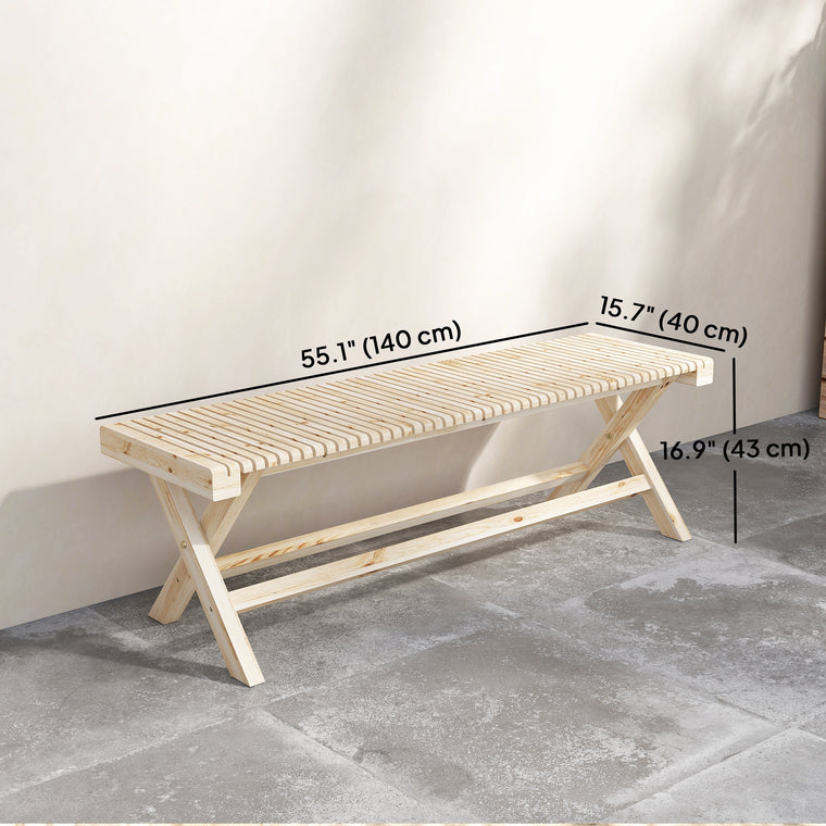 55.1" Natural Wood Garden Bench, 2-Seater Slatted Seat