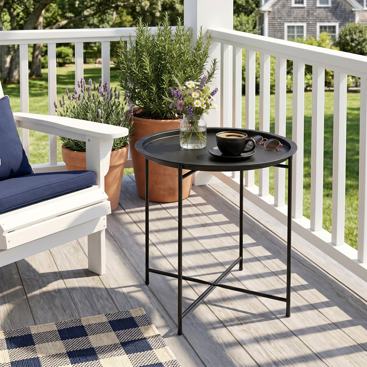 18" Outdoor Side Table with Removable Tray and Folding Legs, Indoor Outdoor for Balcony, Porch, Black