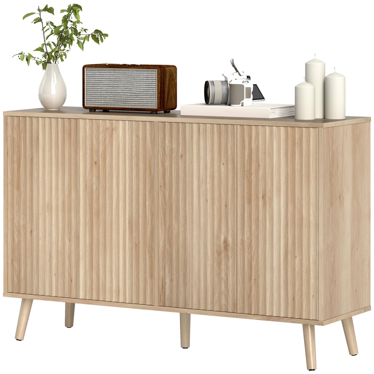 Buffet Cabinet with Storage Modern Fluted Sideboard with Adjustable Shelves Wood Legs for Dining Room Living Room Oak