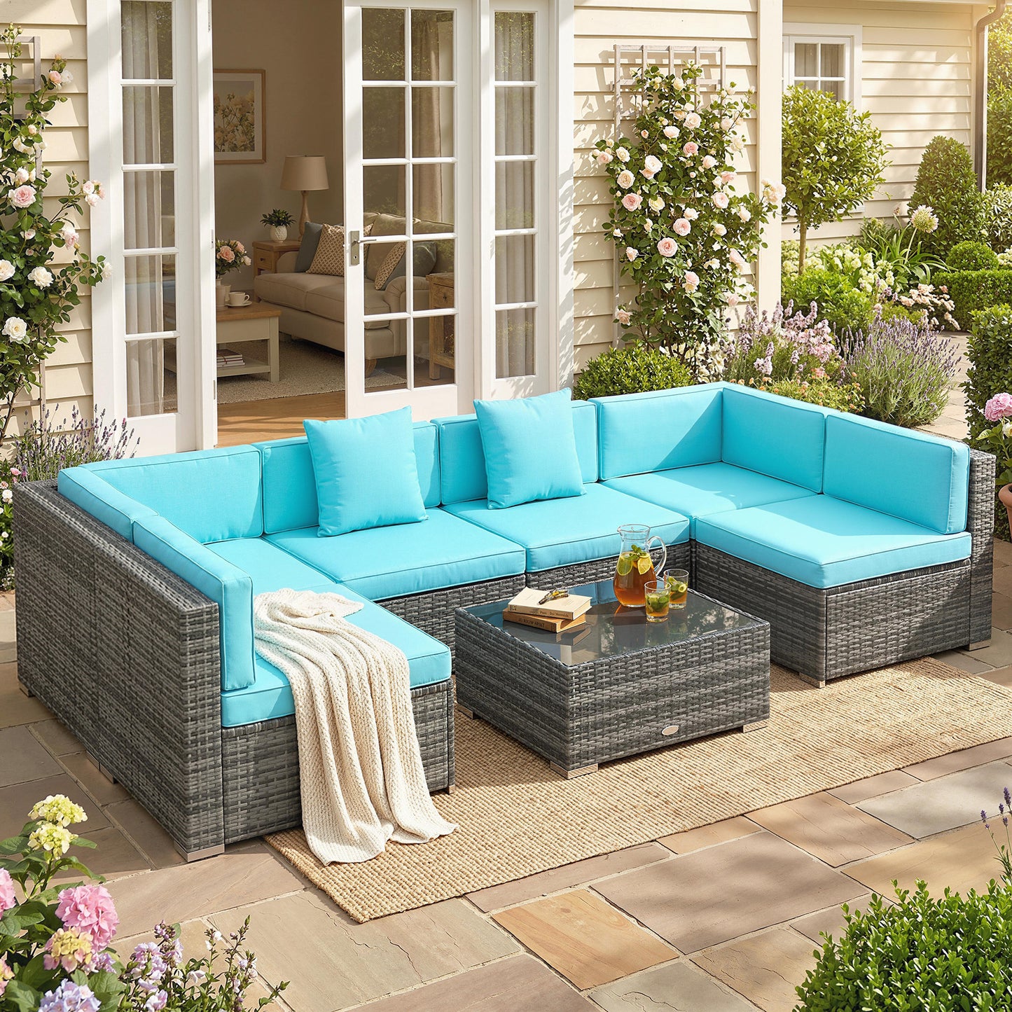 7 Piece Patio Furniture Set, PE Rattan Outdoor Conversation Set with Sectional Sofa
