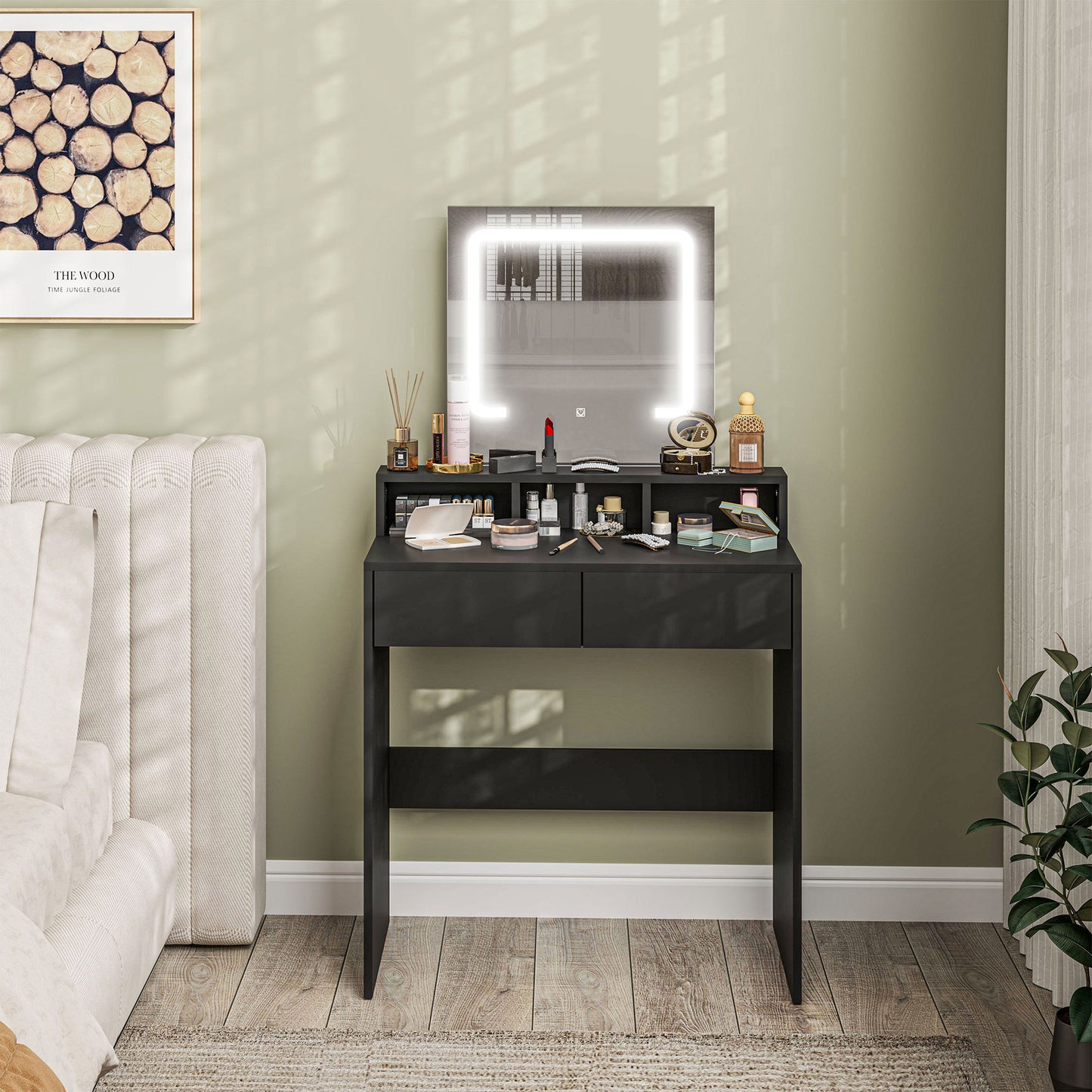 Makeup Vanity Desk with Mirror and LED Lights, for Bedroom, Modern Dressing Table with Drawers, Compartments, Black