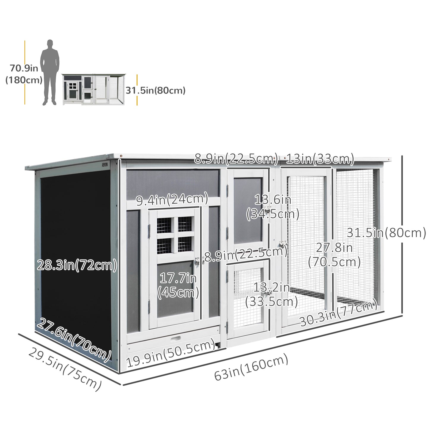 63" Grey Wooden Chicken Coop with PC Roof & Nesting Box