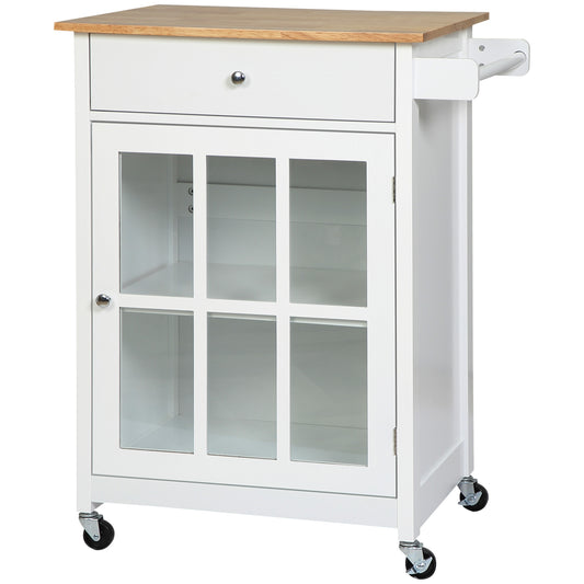 Rolling Kitchen Cart with Glass Door Cabinet - White
