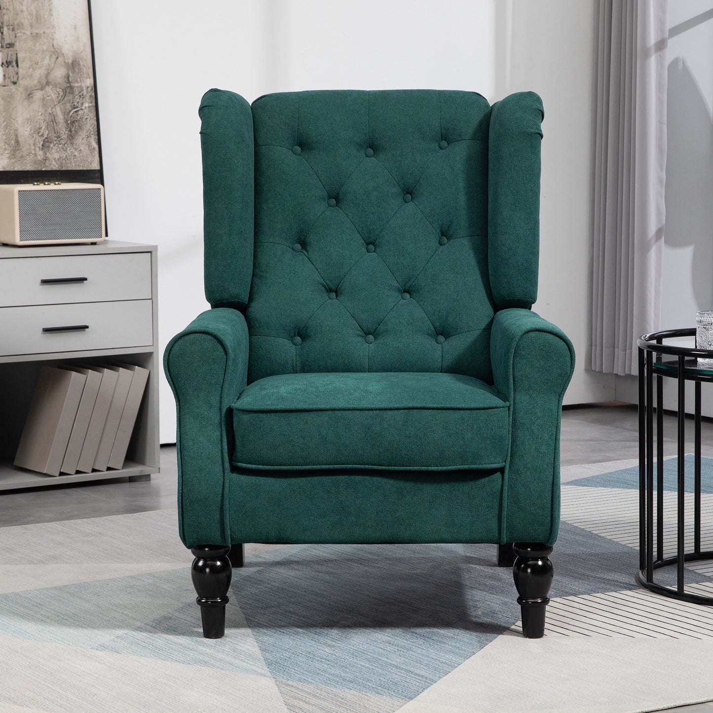 Fabric Accent Chair, Button Tufted Armchair, Armchair with Wood Legs, Thick Padding for Bedroom Dark Green