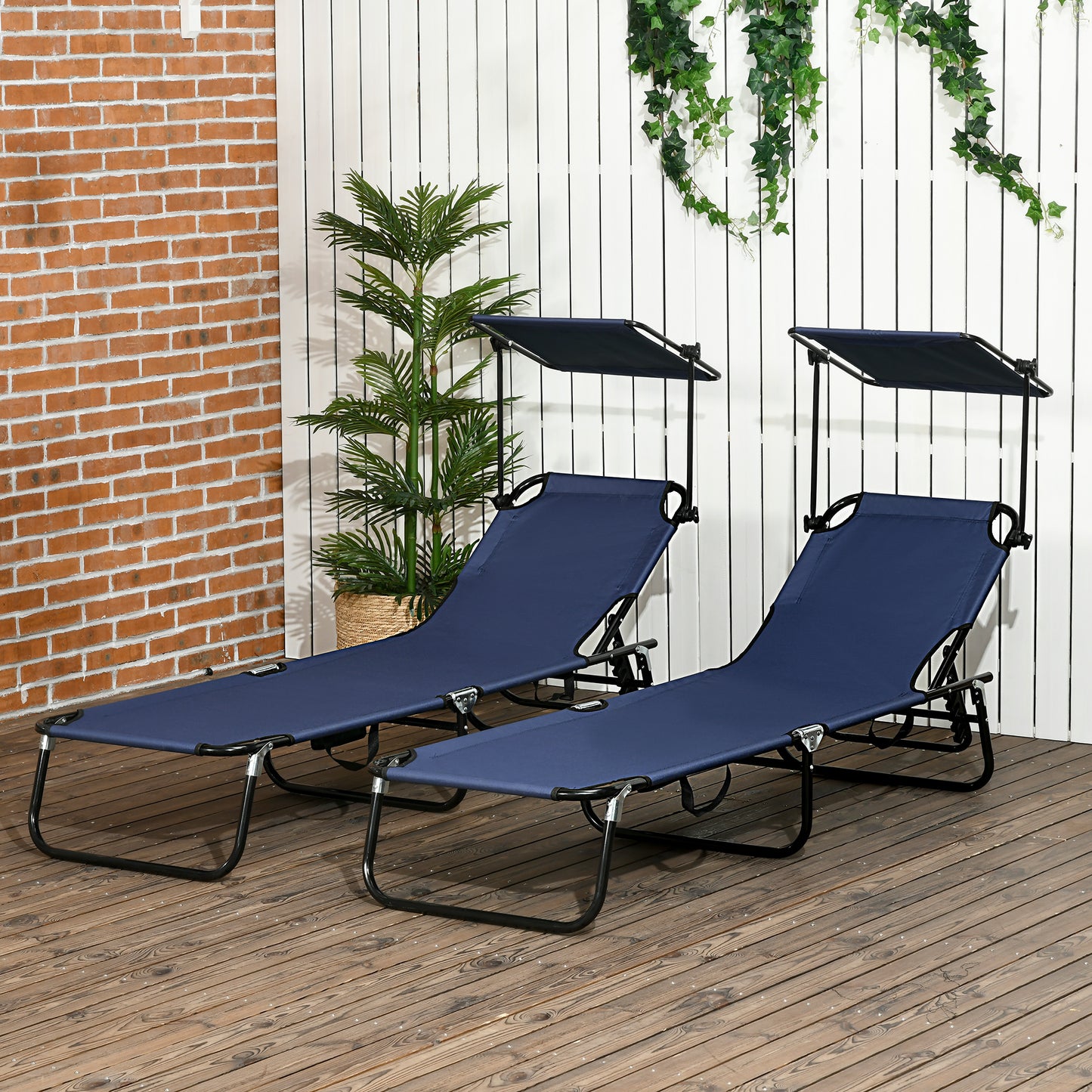 2 Piece Folding Outdoor Chaise Lounges, Pool Tanning Chairs with Reclining Back, Sunshade for Beach, Patio, Dark Grey - Dark Blue