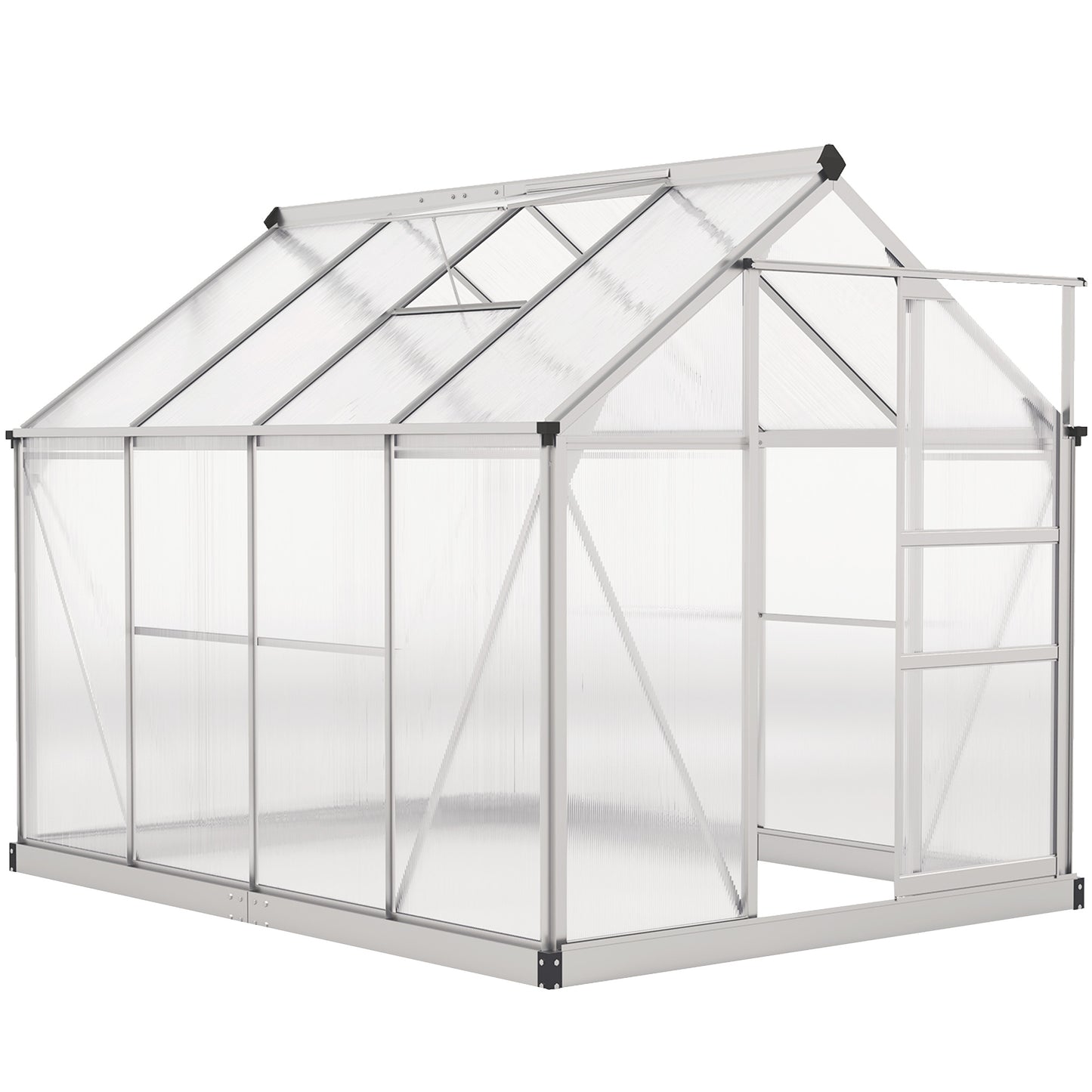 6' x 8' x 6.6' Polycarbonate Greenhouse, Walk-In Green House Kit Garden, Plants Grow, Galvanized Sheet Aluminum Frame with Rain Gutter, Vent and Sliding Door, Silver