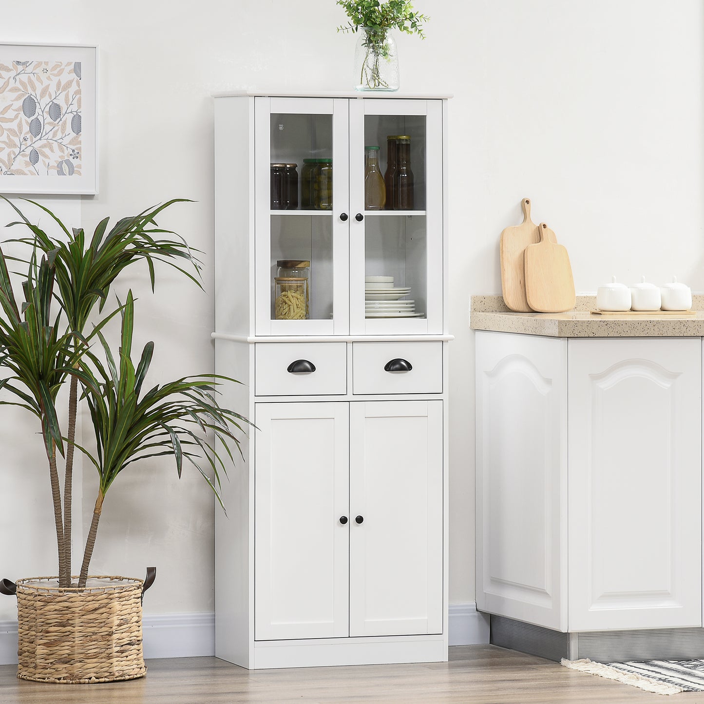 61" Kitchen Pantry Cabinet, Freestanding Farmhouse Buffet Storage Cabinet with Soft Close Glass Doors and Adjustable Shelves, White