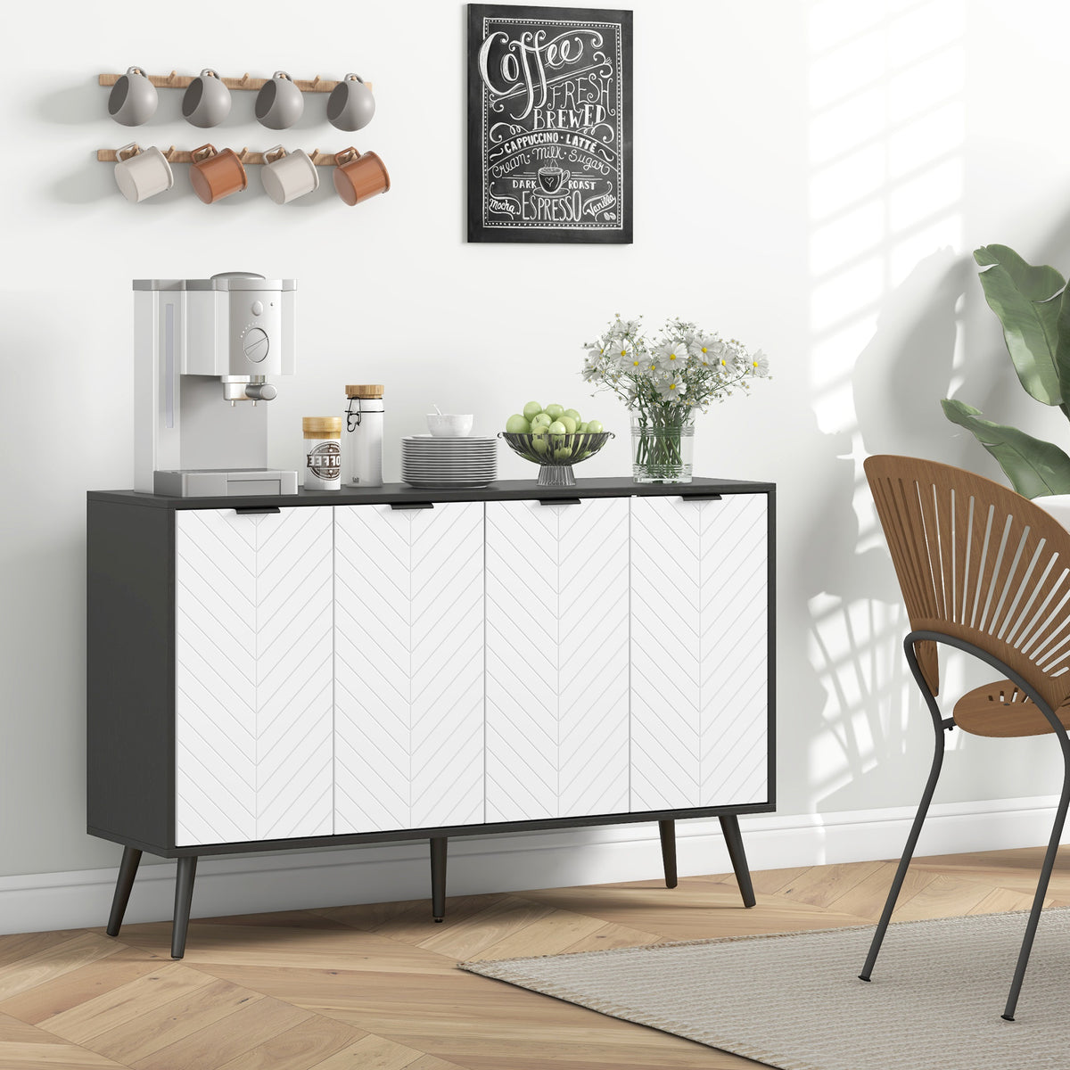 Modern Sideboard and Buffet, Dining Room Cabinet with Adjustable Shelves and 4 Doors, Black