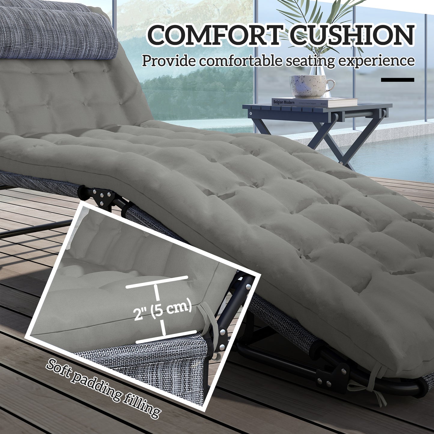 2-Piece Folding Lounge Chairs with Adjustable Backrest, Tanning Chair with Cushion, Side Pocket, Headrest, Beige