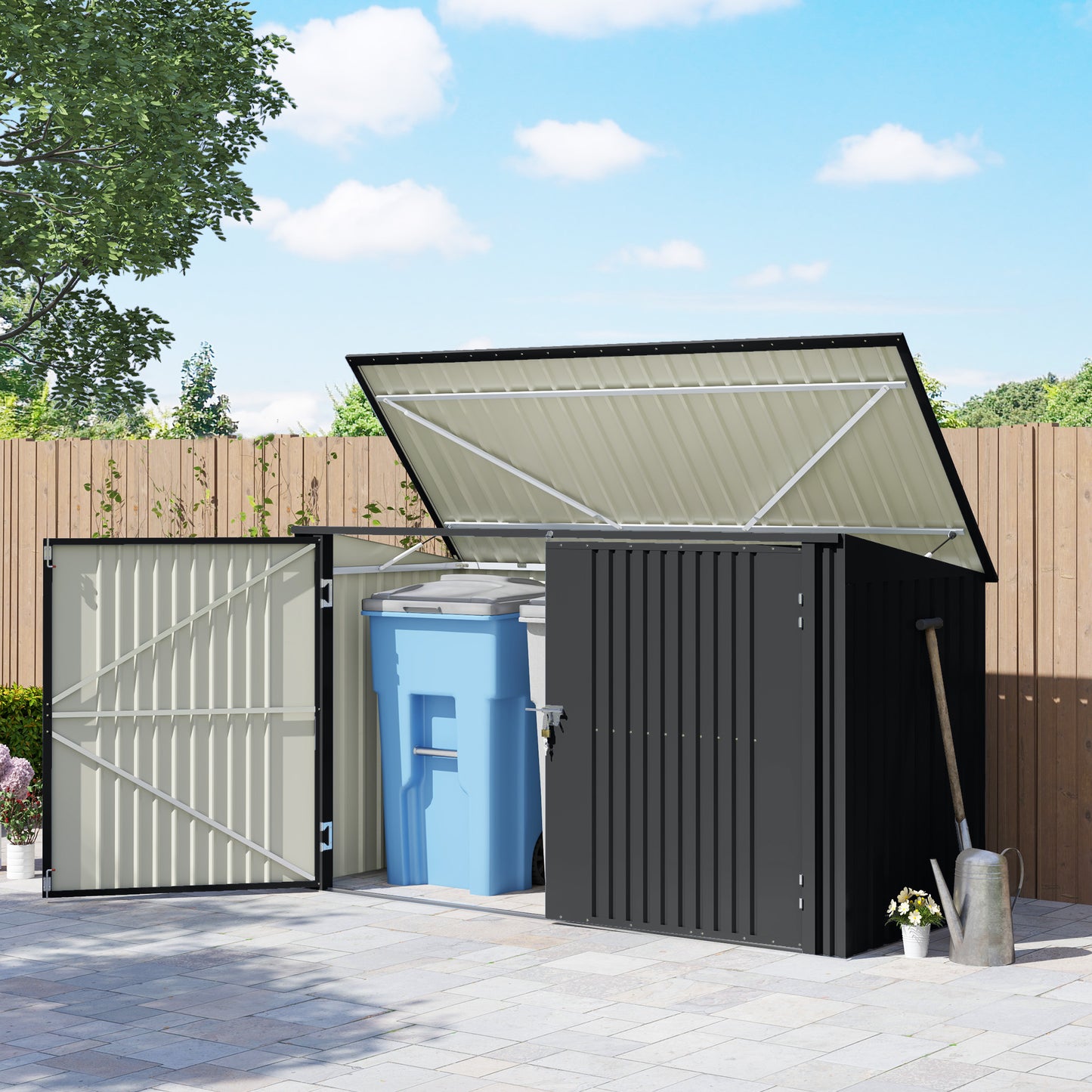 7.6 x 3.4ft Outdoor Storage Shed, Triple Garbage Bin Shed Organizer with Lockable Double Doors and Openable Lid