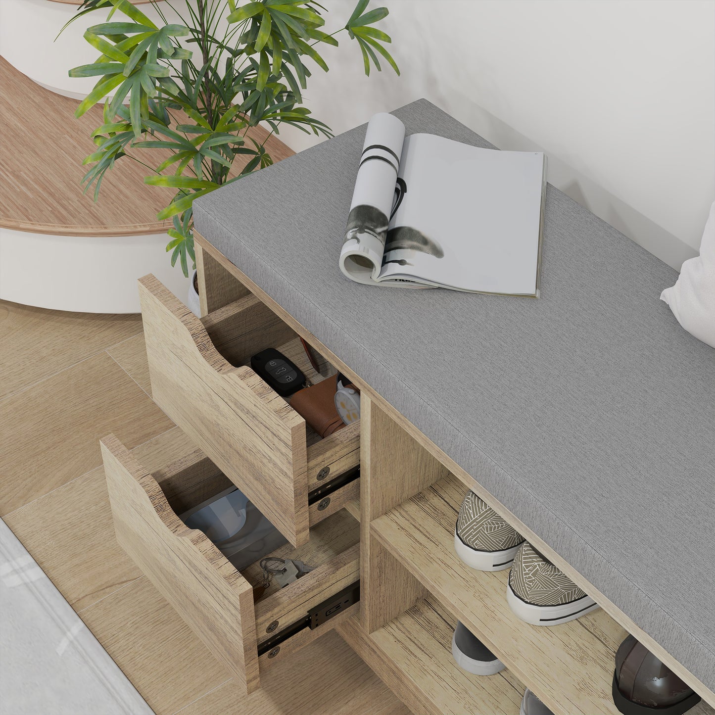 Upholstered Shoe Storage Bench w/ Seat, Entrance Bench w/ Drawer Open Shelves and Pocket for Hallway, Grey
