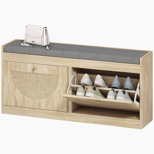 Shoe Bench with Cushion & Flip Doors - Natural Wood