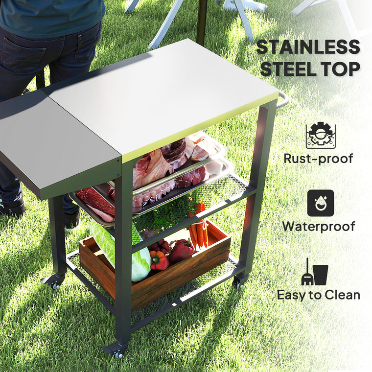 3-Tier Grill Cart with Foldable Side Table & Stainless Steel Top