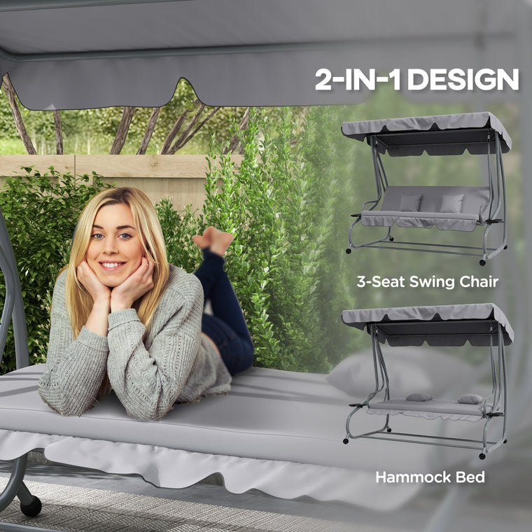 3-Seater Patio Swing Chair with Adjustable Canopy & Pillows