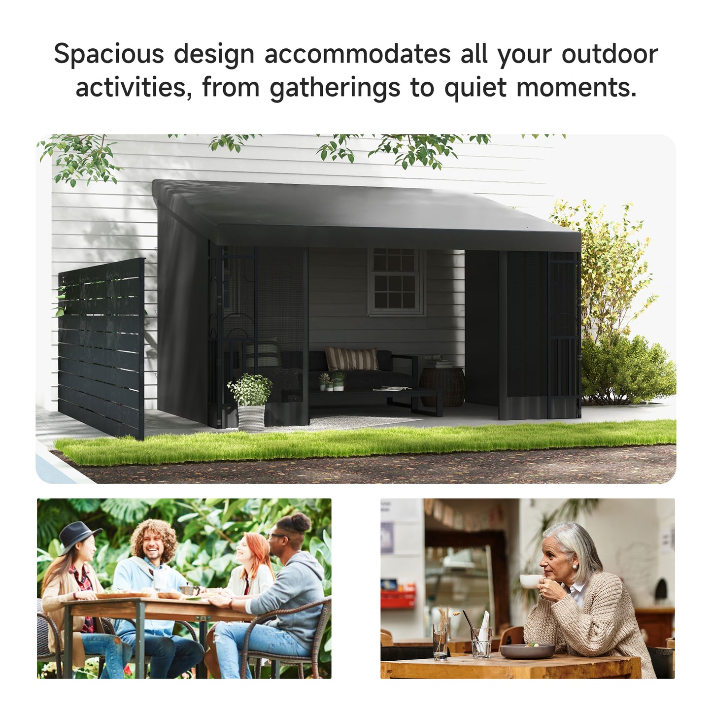 10' x 13' Outdoor Pergola, Wall Mounted Hardtop Lean-to Gazebo with 2 Curtains and 2 Nettings, UV Resistant, for Patio, Deck, Dark Grey