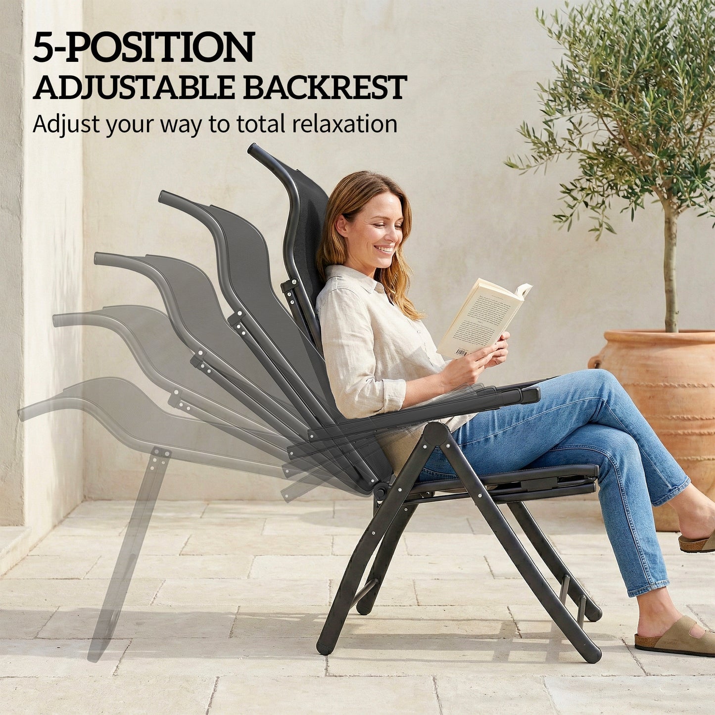 Folding Patio Chairs Set of 2, 5-Position Outdoor Lounge Chairs with High Back, Retractable Footrest, Black