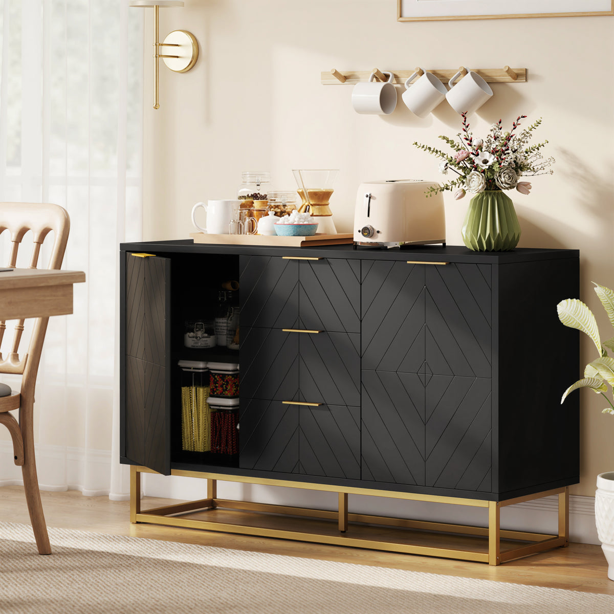 Sideboard Storage Cabinet with 3 Drawers, Adjustable Shelves and Doors, Kitchen Buffet Cabinet for Dining Room, Black