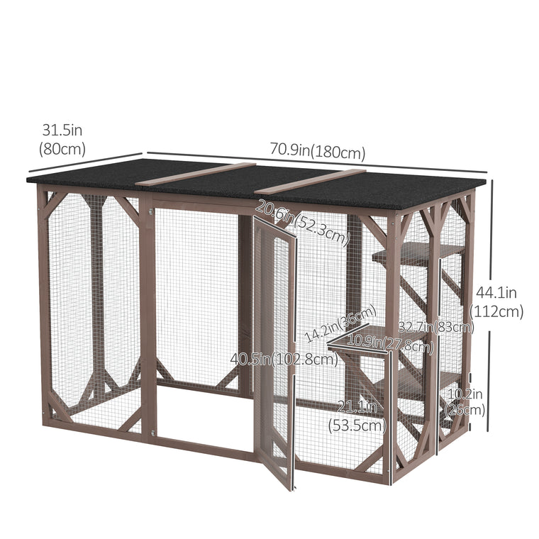 71" Brown Catio Outdoor Cat Enclosure with Multi-Level Platforms