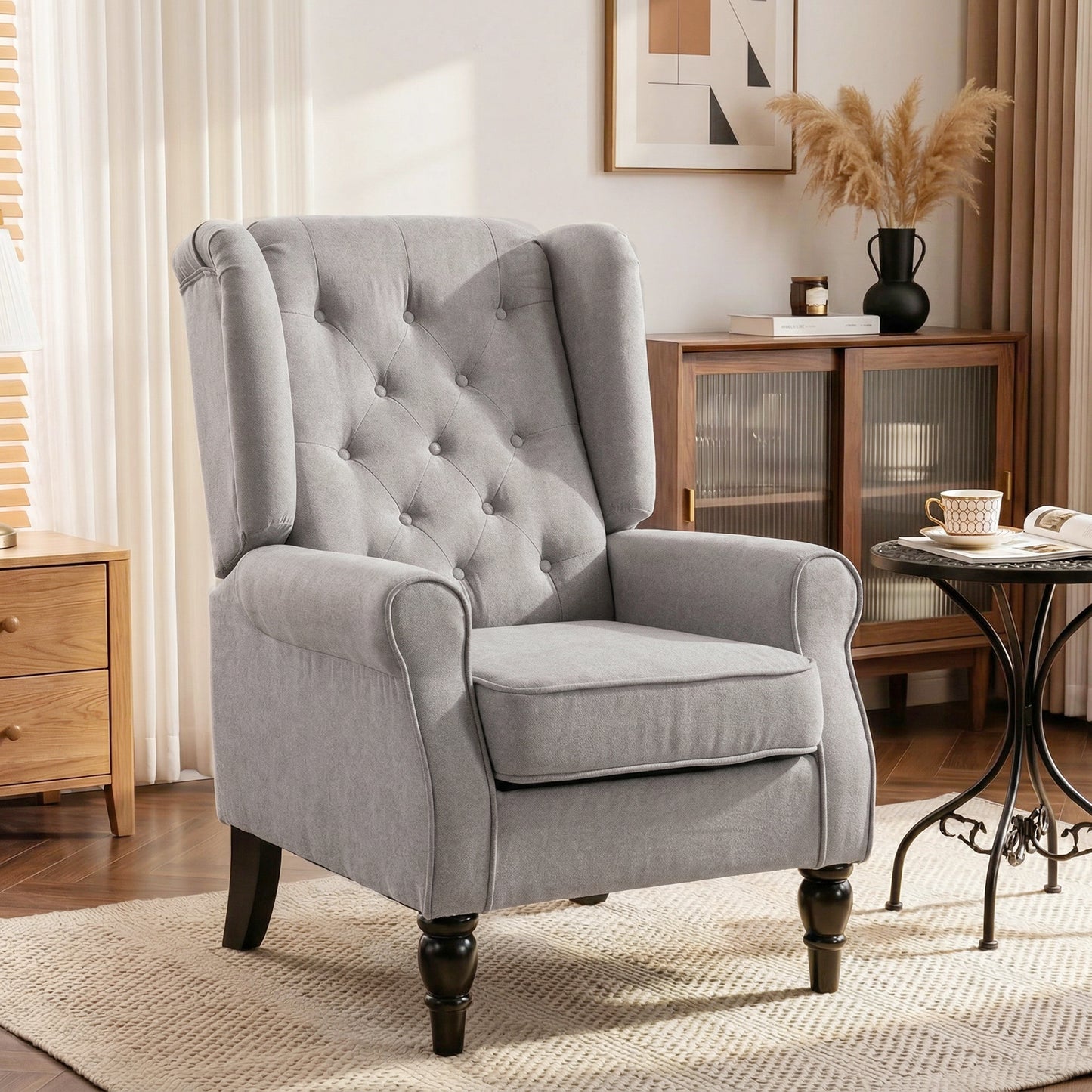Fabric Accent Chair, Button Tufted Armchair, Upholstered Modern Living Room Chair, Wingback Chair with Wood Legs, Rolled Arms, Thick Padding for Bedroom, Grey