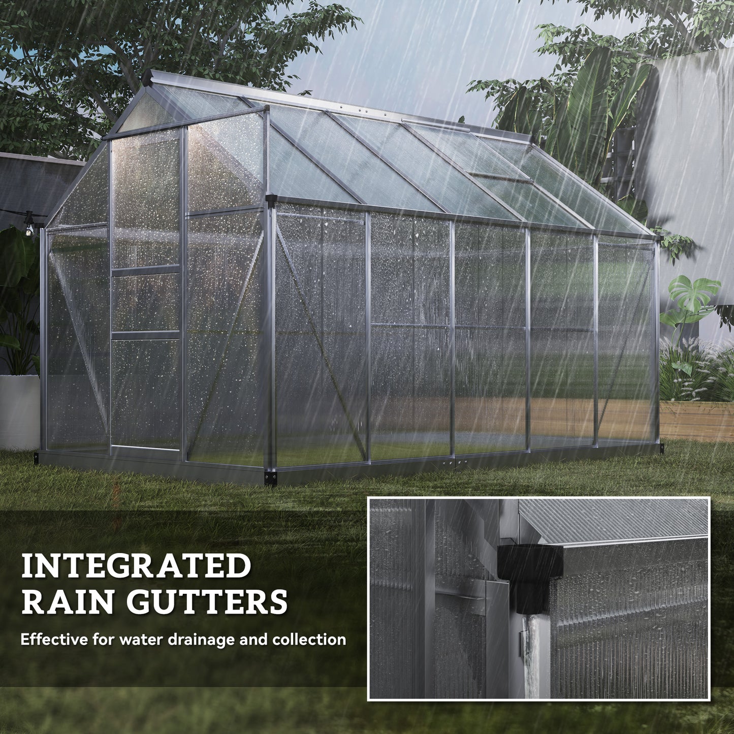 6' x 10' x 6.6' Polycarbonate Greenhouse, Walk-In Green House Kit Garden, Plants Grow, Galvanized Sheet Aluminum Frame with Rain Gutter, Vents and Sliding Door, Sliver