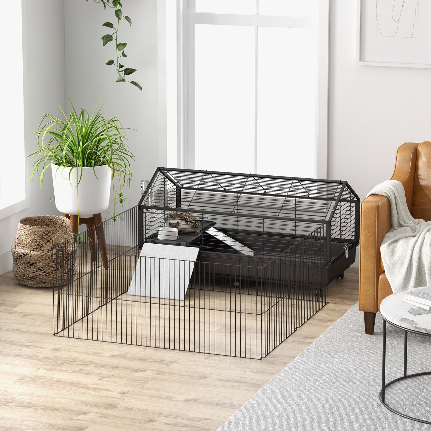 Guinea Pig Cage with Foldable Detachable Playpen, Rolling Rabbit Chinchilla Hedgehog Bunny Cage Small Animal Habitat with Water Bottle, Hay Feeder