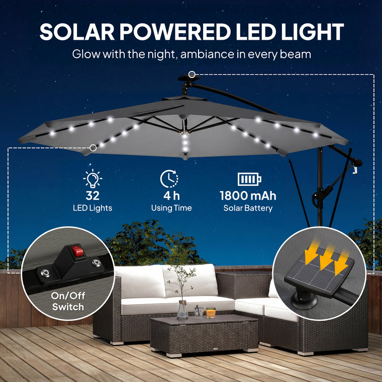 9.7ft Dark Grey Solar LED Cantilever Umbrella with Crank