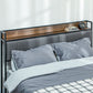 Queen Size Bed Frame with Charging Station, Queen Bed Frame with Upholstered Headboard and Storage Shelf, Walnut