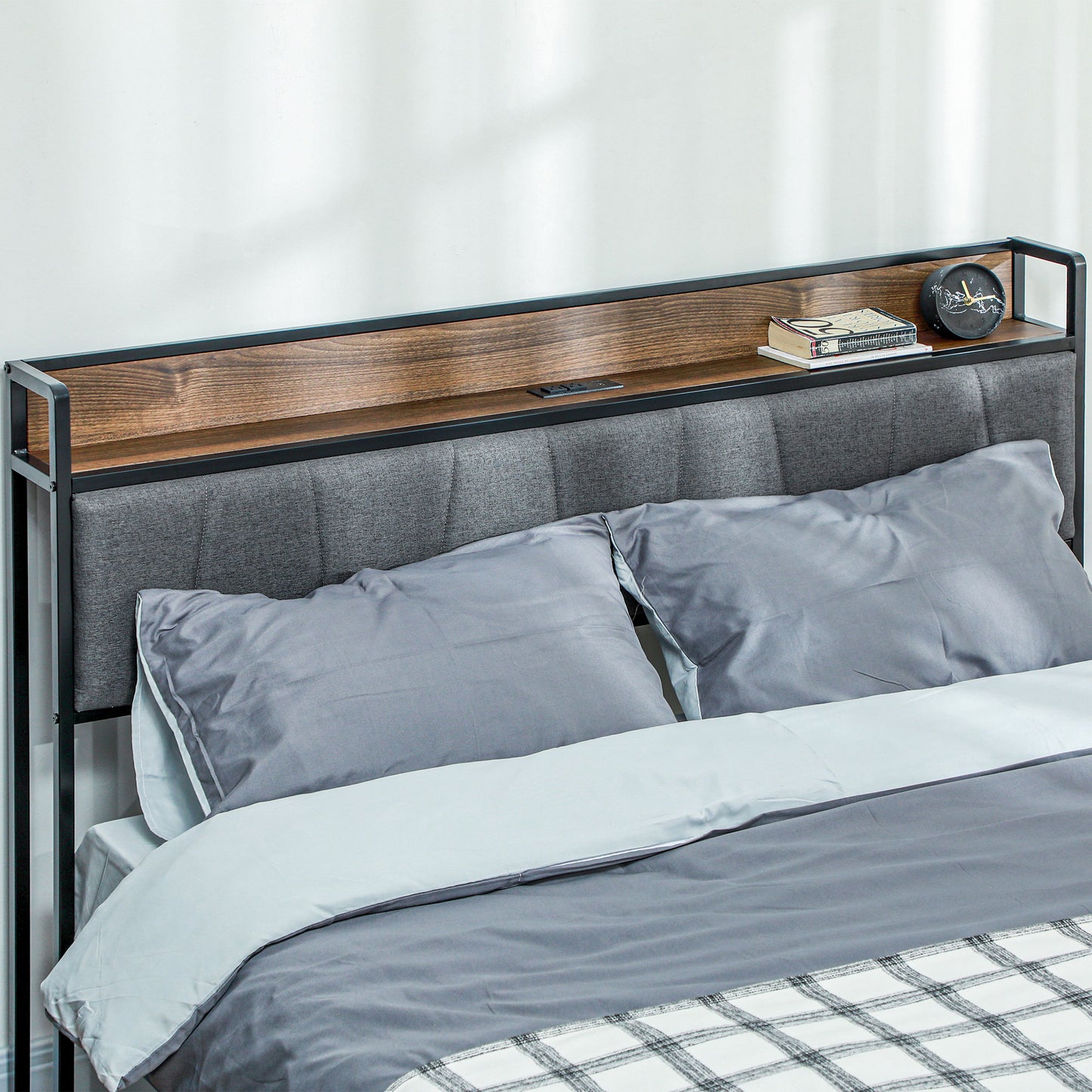 Queen Size Bed Frame with Charging Station, Queen Bed Frame with Upholstered Headboard and Storage Shelf, Walnut