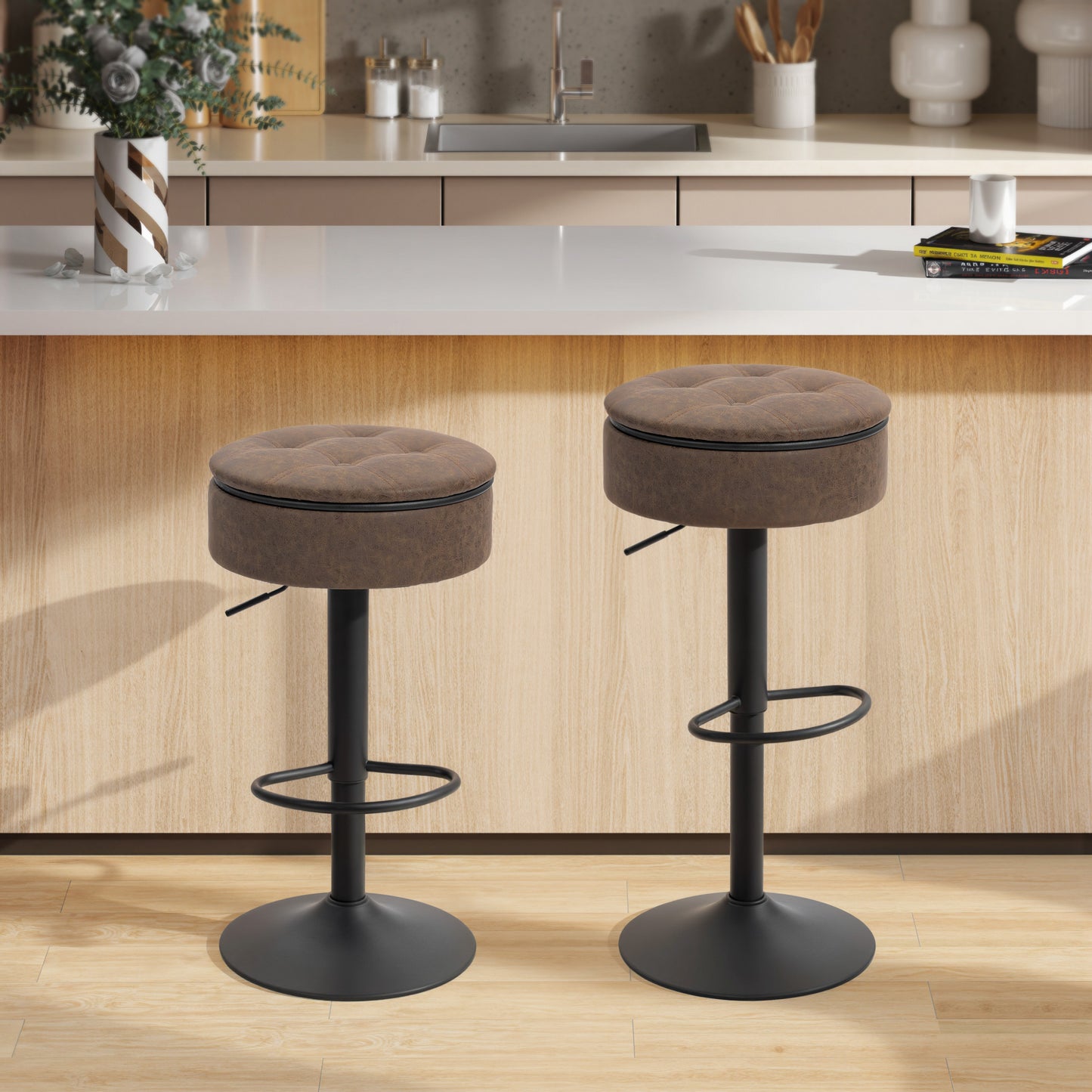 Set of 2 Barstools with Storage, Swivel Bar Stools with PU Leather Upholstered, Footrest, Steel Base, Brown