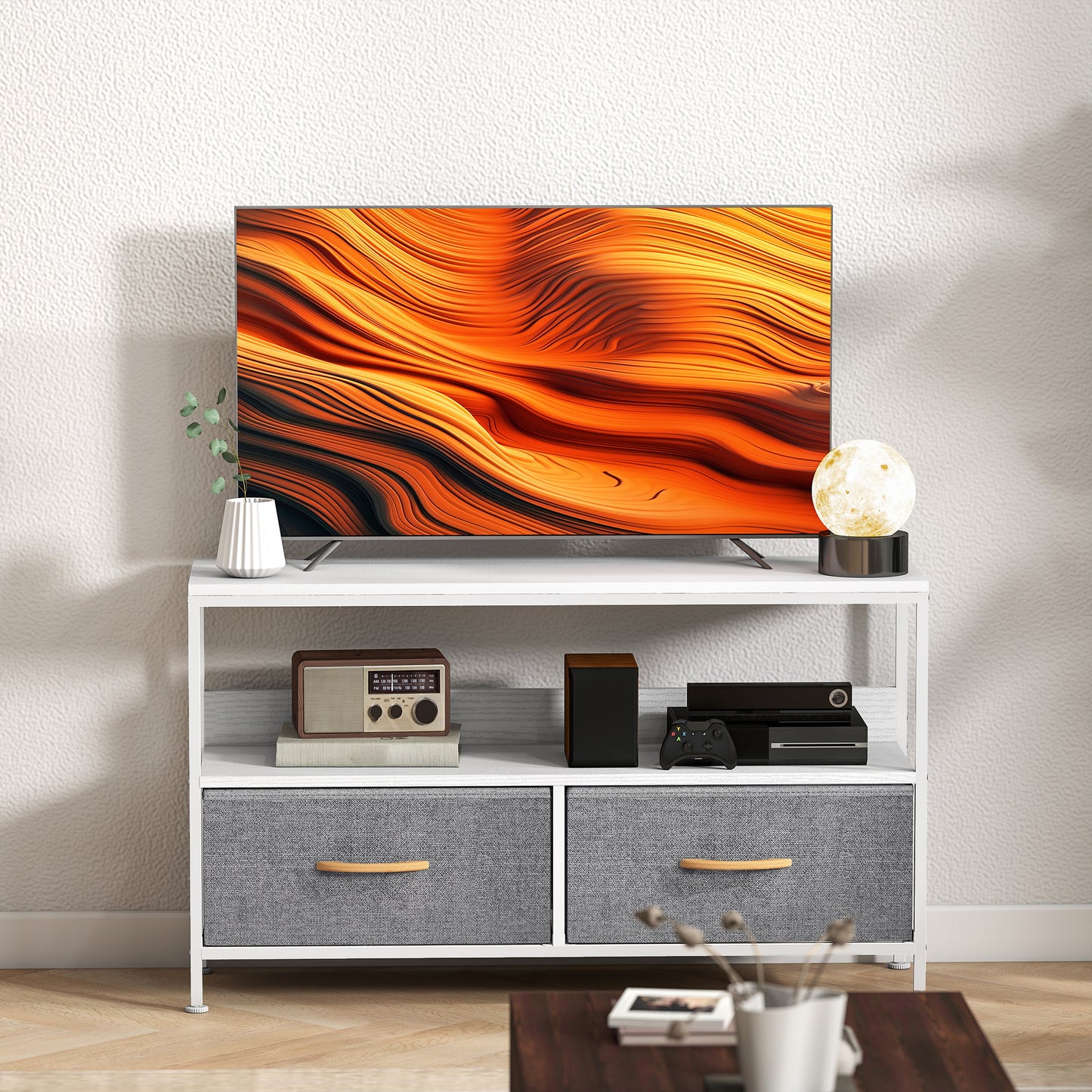 TV Stand with Charging Station, TV Table with 2 Foldable Linen Drawers and Open Shelf for 47 Inch Television, White