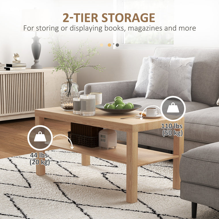 2-Tier Coffee Table with Storage Shelf - Natural Wood