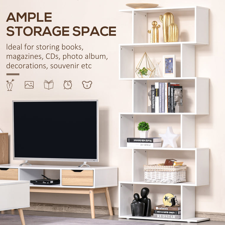 76" 6-Tier S-Shaped Geometric Bookcase - White