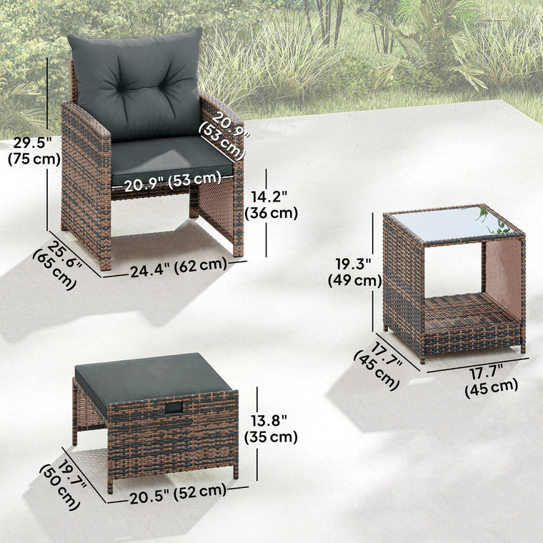 5-Piece Wicker Set with Ottomans & Glass Table - Brown/Dark Grey