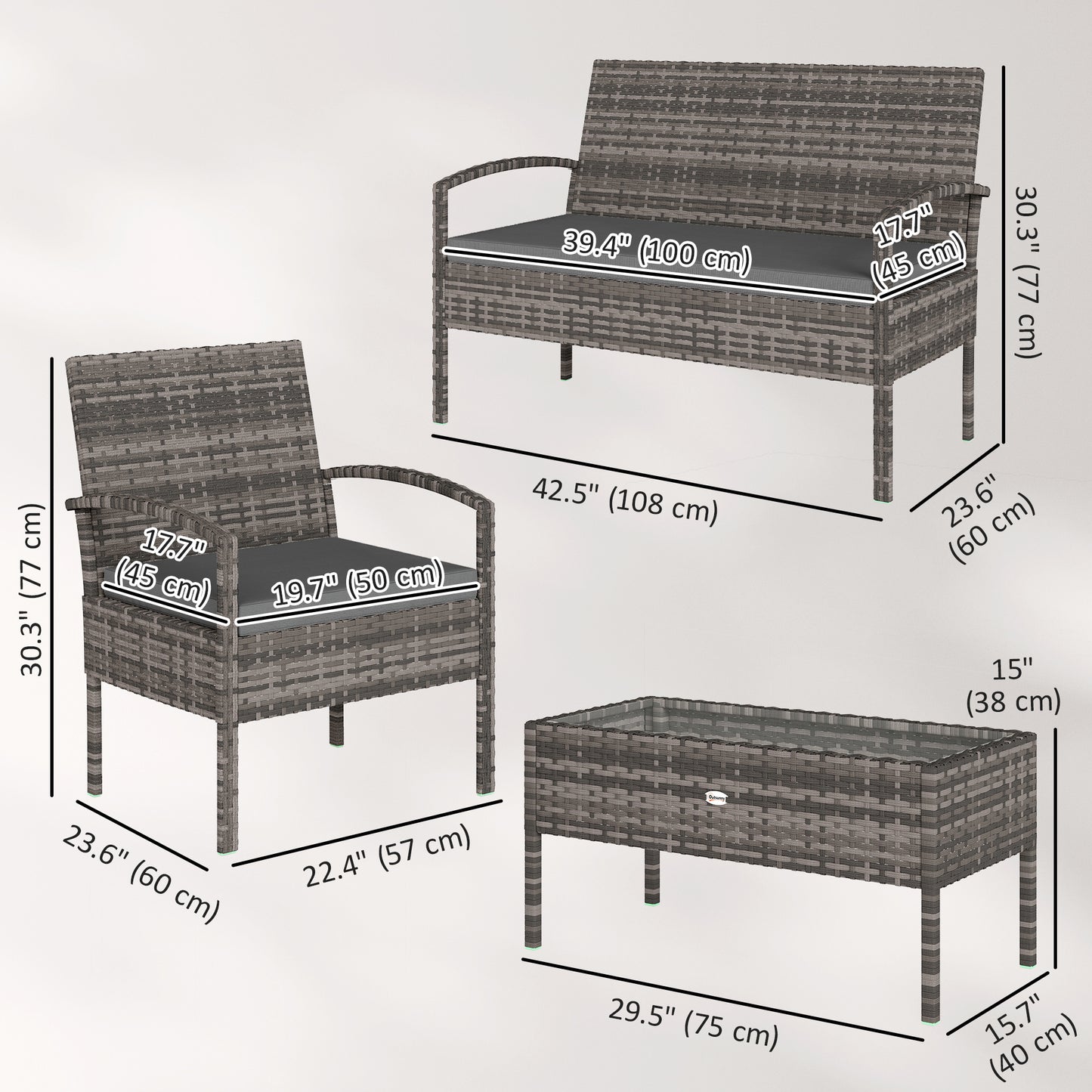 4 Pieces Patio Furniture Set with A Loveseat, Two Armchairs and A Coffee Table, Outdoor Conversation Set, Dark Grey