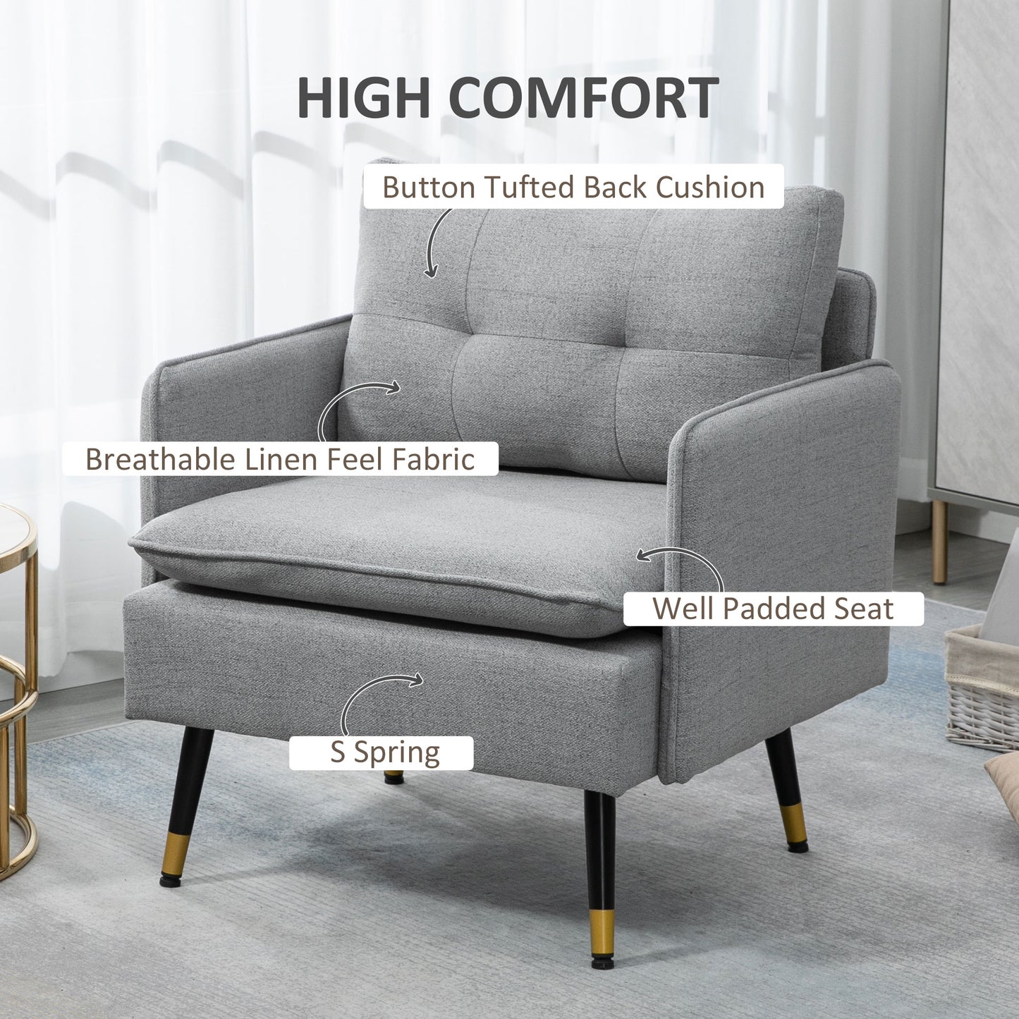Accent Chair, Upholstered Armchair with Tufted Back Cushion and Steel Legs for Living Room, Bedroom, Grey