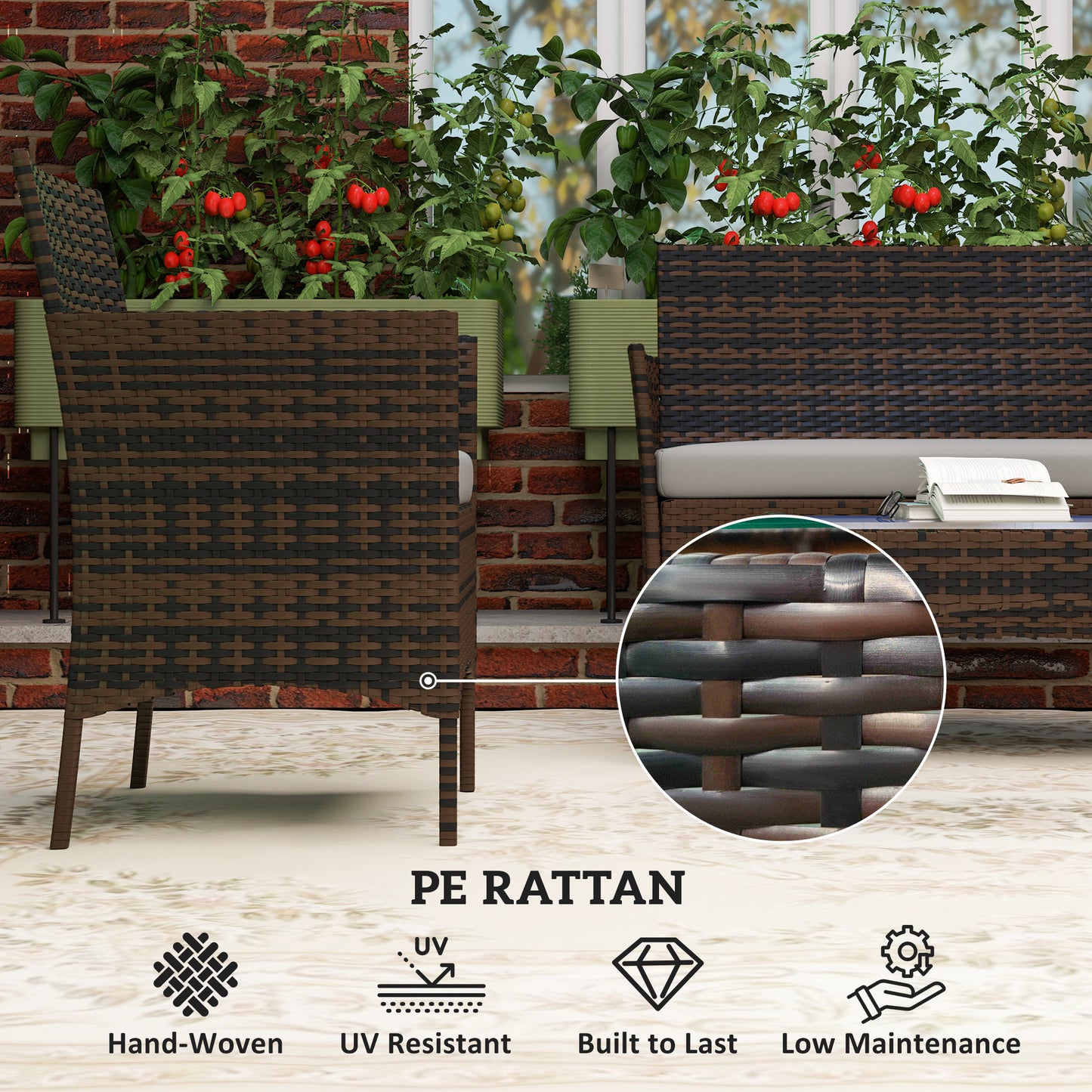 4 Pieces Wicker Outdoor Balcony Furniture Set Rattan Patio Furniture Set with Loveseat Chairs Glass Coffee Table Beige